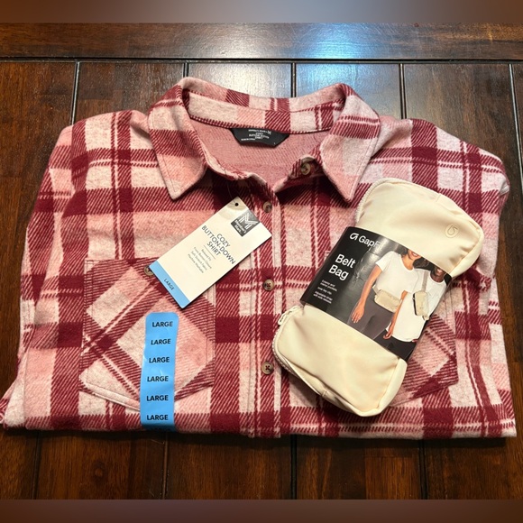 NEW Cozy Pink and Red Plaid Button Down Shirt/Shacket size L & GAP Belt Bag - Picture 1 of 7